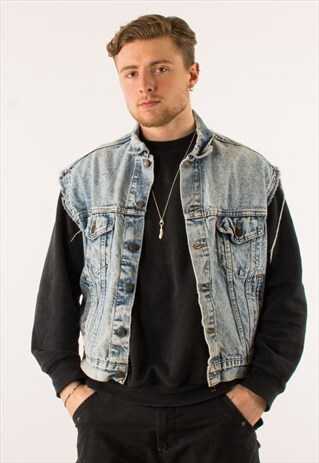 VINTAGE LIGHT BLUE ACID WASH DENIM JACKET GILET XL