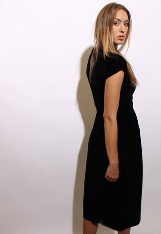 VINTAGE 1990'S 90'S BLACK STRETCH VELVET MAXI DRESS S-M