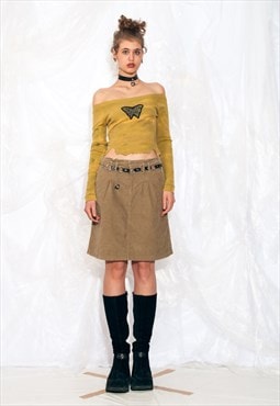 Vintage Y2K Midi Skirt in Beige Corduroy Low Rise