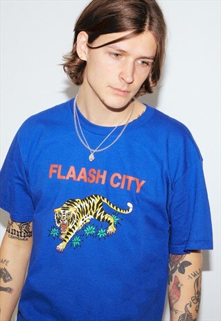 BLUE T-SHIRT WITH VINTAGE TIGERS PRINT