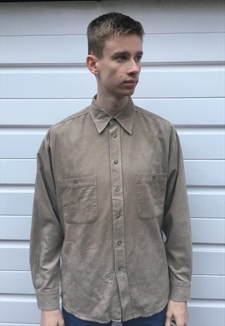 MENS VINTAGE 80S SHIRT LONG SLEEVE BEIGE CORDUROY TOP