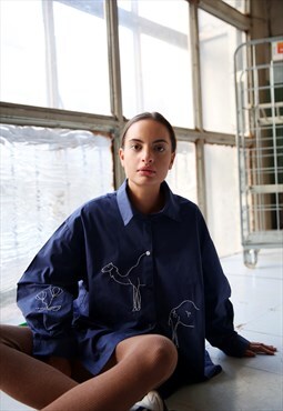 Hand Embroidered Moroccan Oversized shirt in rich navy blue