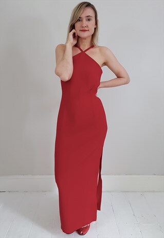 VINTAGE 90'S RED HALTER DRESS WITH SIDE SPLIT