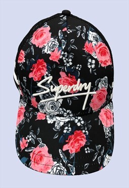 Black Pink Floral Embroidered Mesh Baseball Snapback Cap Hat