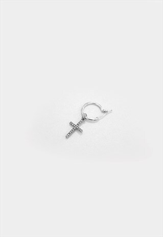 WOMEN'S DIAMOND CRYSTAL ICED CROSS HOOP EARRING - SILVER