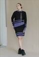 VINTAGE 80S LONG SLEEVE ROUNDNECK PURPLE STRIPE SKIRT SUIT S