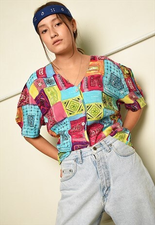 VINTAGE 90S RETRO COLOUR BLOCK FLORAL PRINT BLOUSE TOP