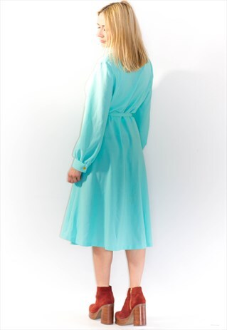 VINTAGE 60'S AQUA BELTED EMBROIDERED DRESS