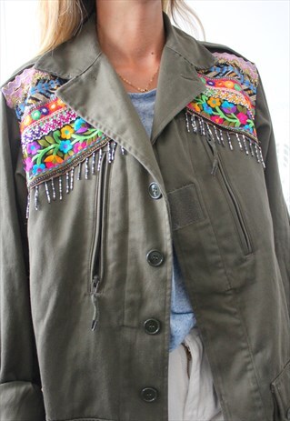 VINTAGE KHAKI JACKET MILITARY ETHNIC EMBROIDERY