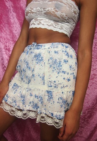 BLUE WHITE FRILL MINI SKIRT
