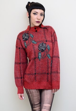 VINTAGE 90'S BLACK ROSE PATTERNED SLOUCHY JUMPER
