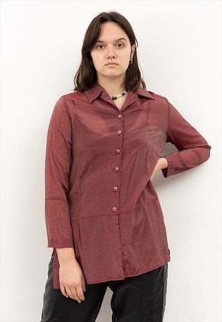 90S SHIMMERY BUTTON UP BLOUSE MAROON OVER SHIRT RETRO SUMMER