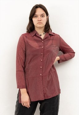 90s Shimmery Button Up Blouse Maroon Over Shirt Retro Summer