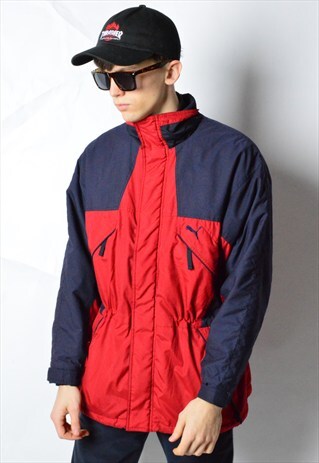 VINTAGE 90S RED NAVY BLUE COLOUR BLOCK PUMA SKI JACKET