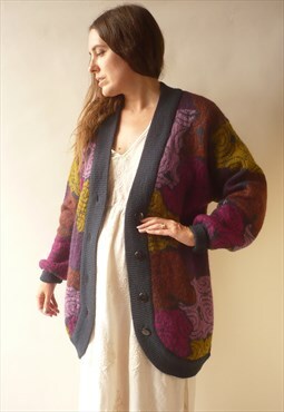 1980s Vintage Long Bohemian Knitted Cardigan Duster Jacket