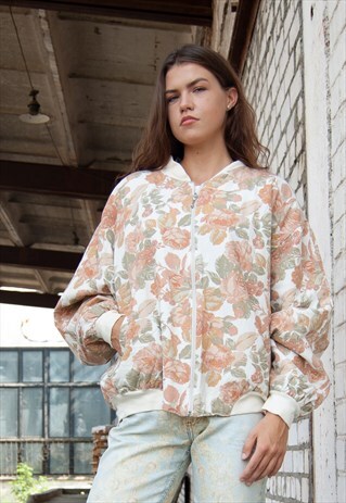 VINTAGE RETRO WHITE PINK FLORAL BOMBER JACKET