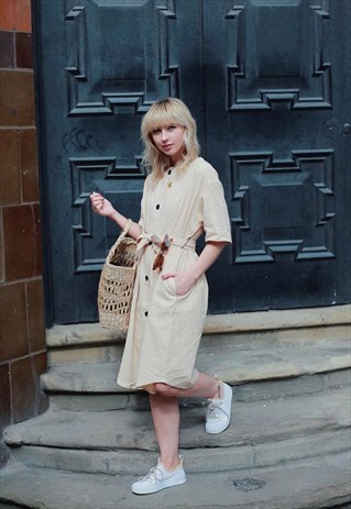 SHORT SLEEVE SHIRT DRESS WITH TIE WAIST