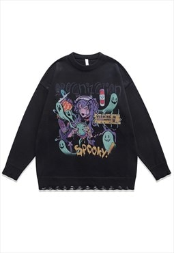 Anime sweater spooky jumper ripped knitted Kawaii top black