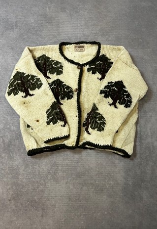 Vintage Rey Wear Knitted Cardigan Tree Patterned Chunky Knit