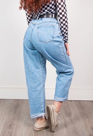 90'S LIGHT BLUE DENIM HIGH WAIST RAW HEM MOM JEANS