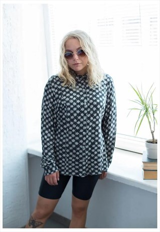 VINTAGE 80'S GREY PATTERNED LONG SLEEVED BLOUSE
