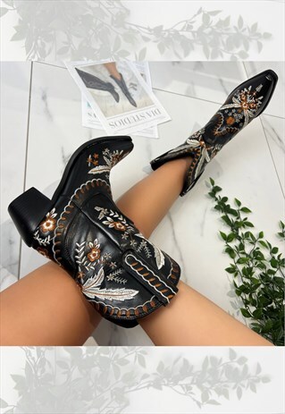 COWBOY BOOTS BLACK ANKLE WESTERN COWGIRL BOOTS