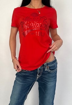 00s Harley Davidson Red Diamante Short Sleeve T-Shirt