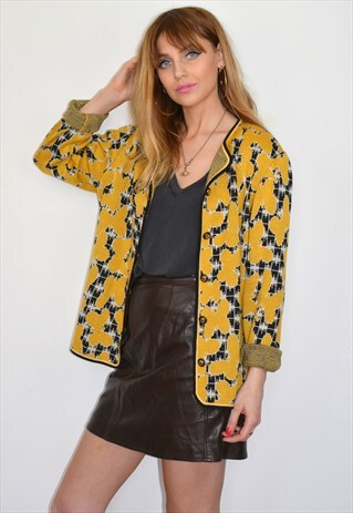 VINTAGE BLACK & YELLOW PATTERN WOOL KNITTED CARDIGAN JACKET