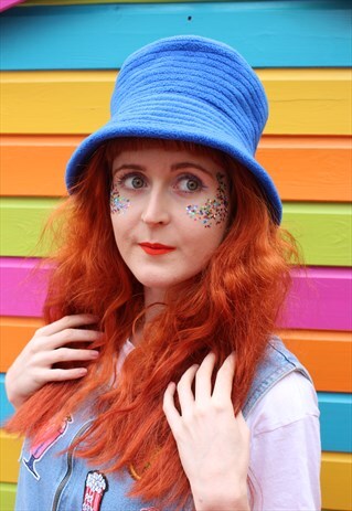 VINTAGE BUCKET HAT BRIGHT BLUE SOFT FLEECE RIBBED HAT