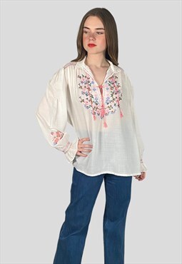 70's White Vintage Pink Embroidery Ladies Hippy Blouse