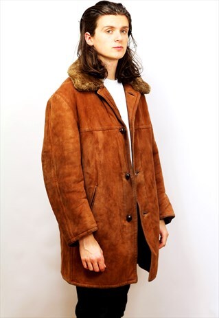 1970'S VINTAGE LONG LENGTH SUEDE COAT WITH FAUX FUR COLLAR
