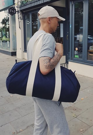 SUSTAINABLE ORGANIC COTTON BARREL BAG NAVY BLUE & CREAM