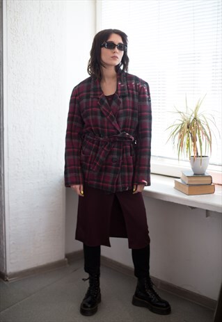 VINTAGE 80'S WOOL CHECKED BELTED JACKET IN GREY/PURPLE