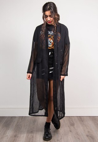 VINTAGE 90'S SHEER BLACK PATTERNED LONG LINE KIMONO SHIRT