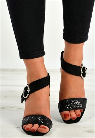 BLACK ROUND HEEL PEEP TOE BUCKLE ANKLE SANDALS SHOES