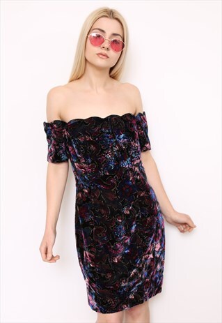 VINTAGE 80S FLORAL VELVET OFF SHOULDER PARTY PROM DRESS