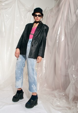 VINTAGE LEATHER JACKET 80S MINIMALIST BLACK BLAZER COAT