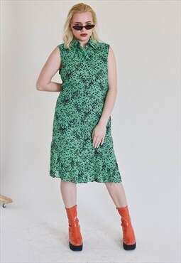 Vintage 80s Sleeveless Bow Necline Midi Green Floral Dress