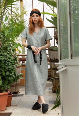 RELAXED A-LINE LINEN MIDI DRESS WITH BELT