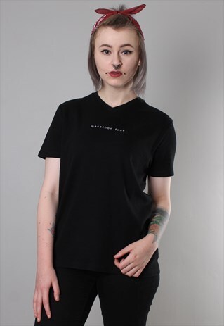VINTAGE 90S FCUK SLOGAN V NECK BLACK T SHIRT