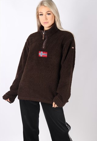 VINTAGE NAPAPIJRI FLEECE BROWN FLUFFY SPELLOUT OVERSIZED 1/4