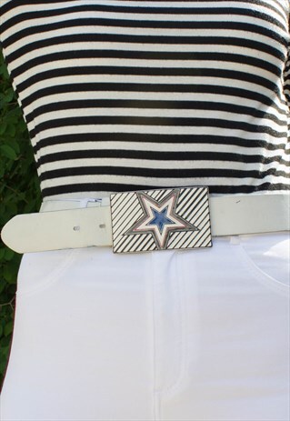VINTAGE WHITE LEATHER STAR BUCKLE BELT