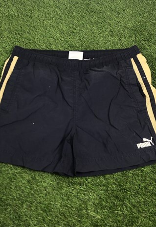 VINTAGE PUMA SHORTS IN NAVY WITH POCKETS, EMBROIDERED LOGO A