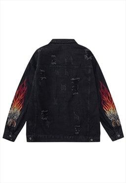 Flame patch denim jacket metalcore jean bomber in black