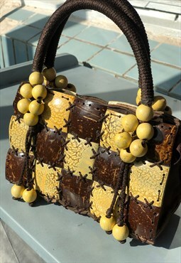 Coconut shell wood handbag, brown & yellow, hawaiian wedding
