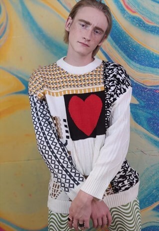 HEART PATTERN SWEATER LOVE VINTAGE CABLE KNIT JUMPER WHITE