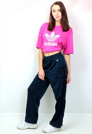 1990S VINTAGE NAVY BLUE AND WHITE POPPER JOGGER BOTTOMS