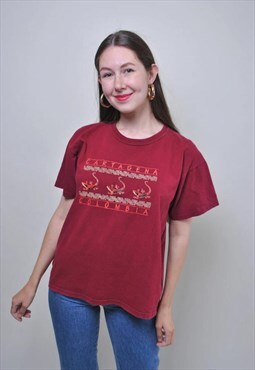 Vintage red traveling tshirt, 90s Colombia embroidery tee