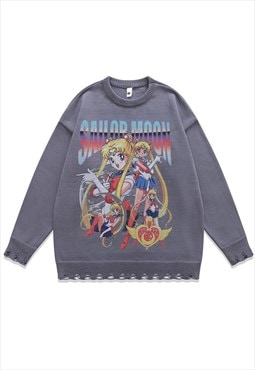 Sailor Moon sweater knitted distressed Anime jumper in grey
