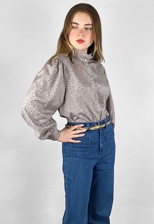 80's Grey Floral Print Vintage Ladies Long Sleeve Blouse
